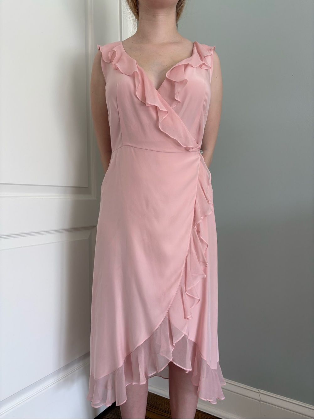 Vintage Lucy Barnes Pink Ruffle Wrap silk Midi Dress XS